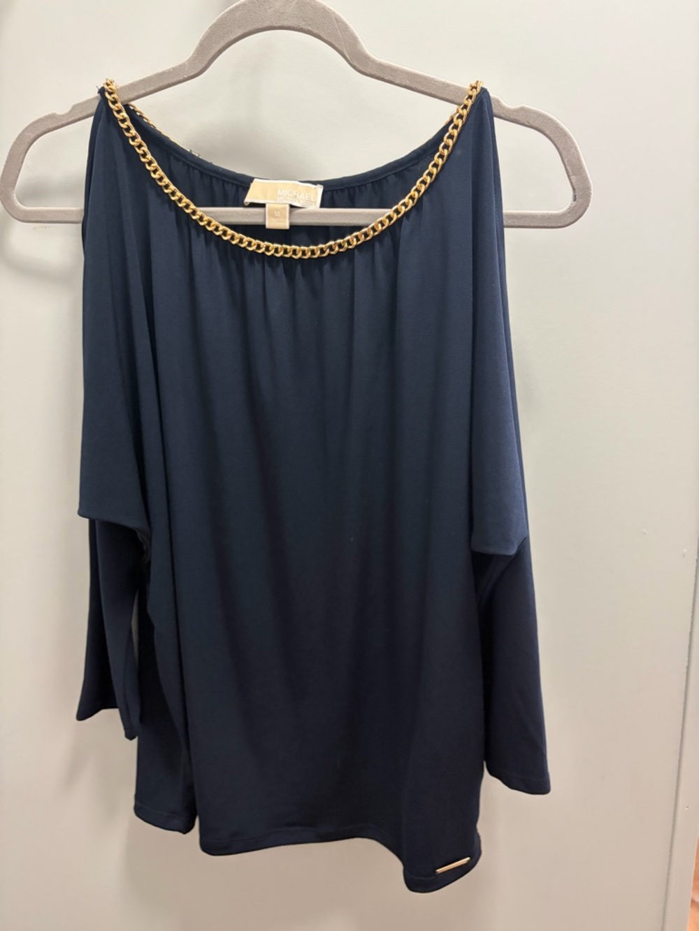 Michael Kors Navy Blouse with Gold Chain Neckline